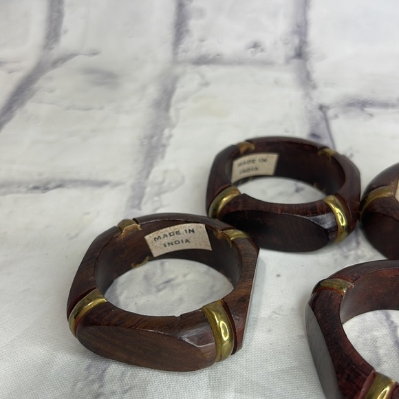Polished Dark Wood and Brass Napkin Rings Bohemian Set of 4 Made in India - Picture 3 of 5